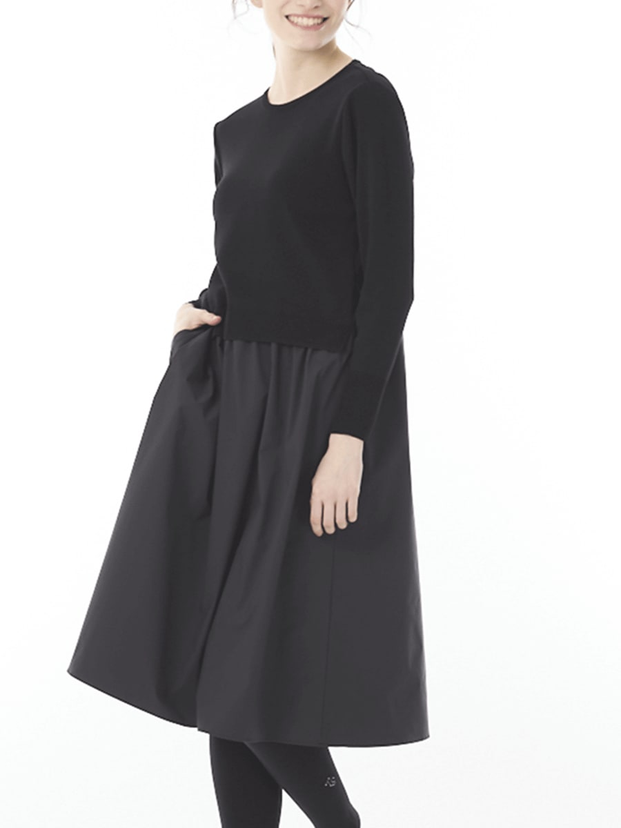 ニット＆タイプライター素材 重ね着風ワンピース