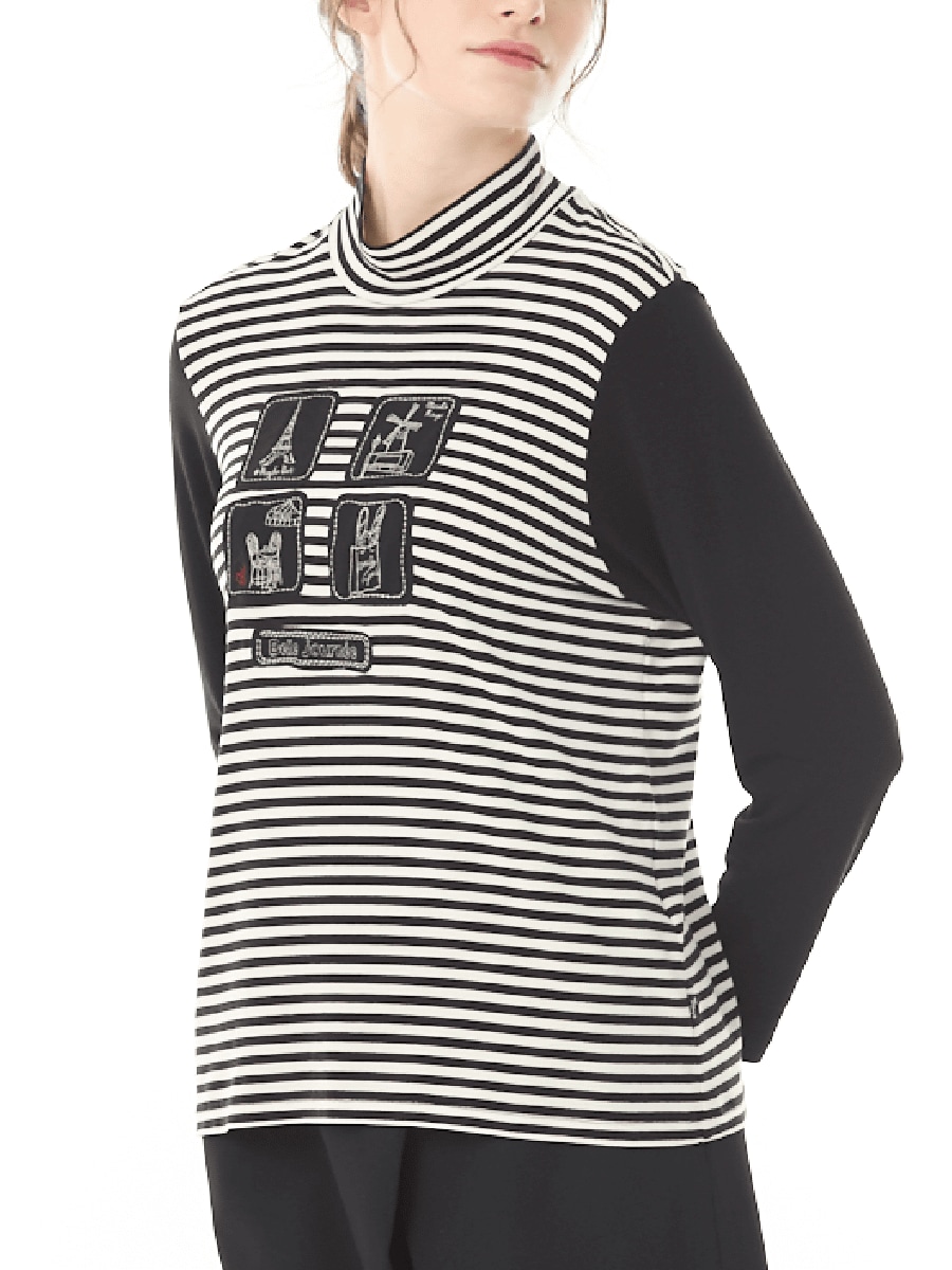 【新品未使用VINCI】暖か素材ボーダー切り替えハイネック50号 カシミヤ100％配色×ボーダーハイネックニット ミセス ファッション 50